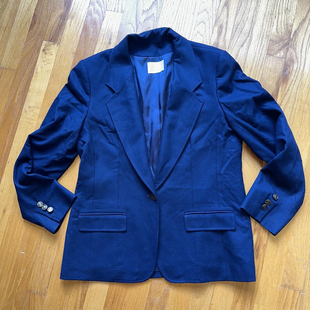 Pendleton Blazer Womens 14 Navy Virgin Wool Made in USA One Button Lined Flap - Picture 2 of 11